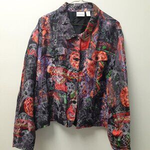 Chico's Size 3 XL Shirt Jacket Linen Silk Colorful Abstract Buttons Long Sleeve